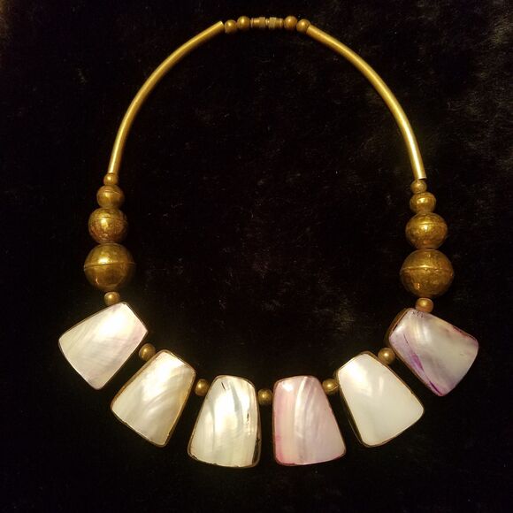 Mother of Pearl Inlaid Shell Necklace, Vintage Brass Choker Collar - Picture 1 of 7